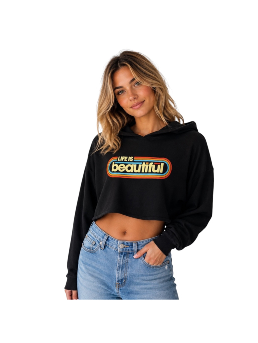 Life Is Beautiful Golden Goods Black Cropped Hoodie XL Retro Festival Graphic Sw